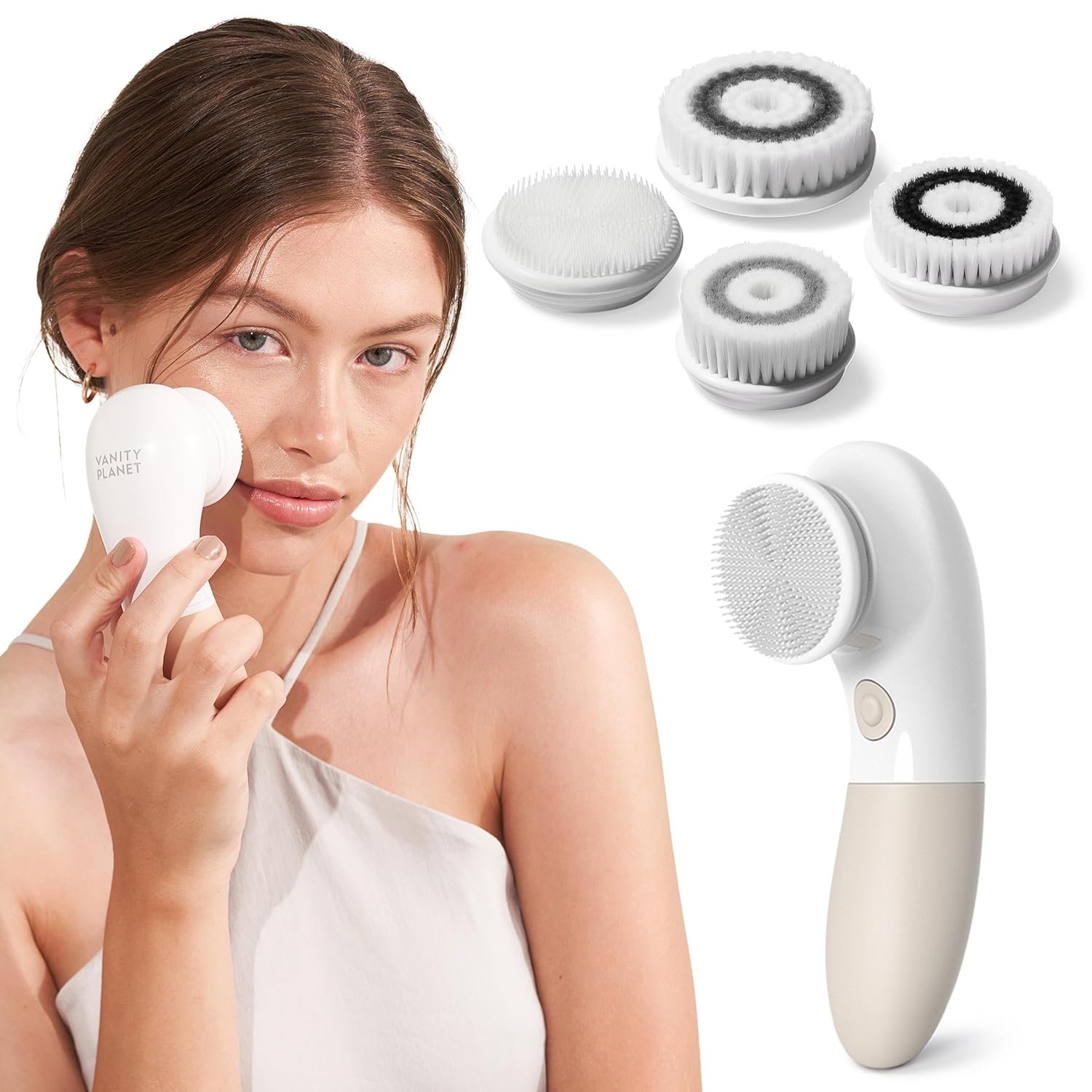 Vanity Planet Raedia Facial Cleansing Brush – Electric Facial Cleansing Brush with 4 Exfoliating Brush Heads – Waterproof, Handheld, Lightweight for Face Scrubber and Exfoliating Face – Warm Grey
