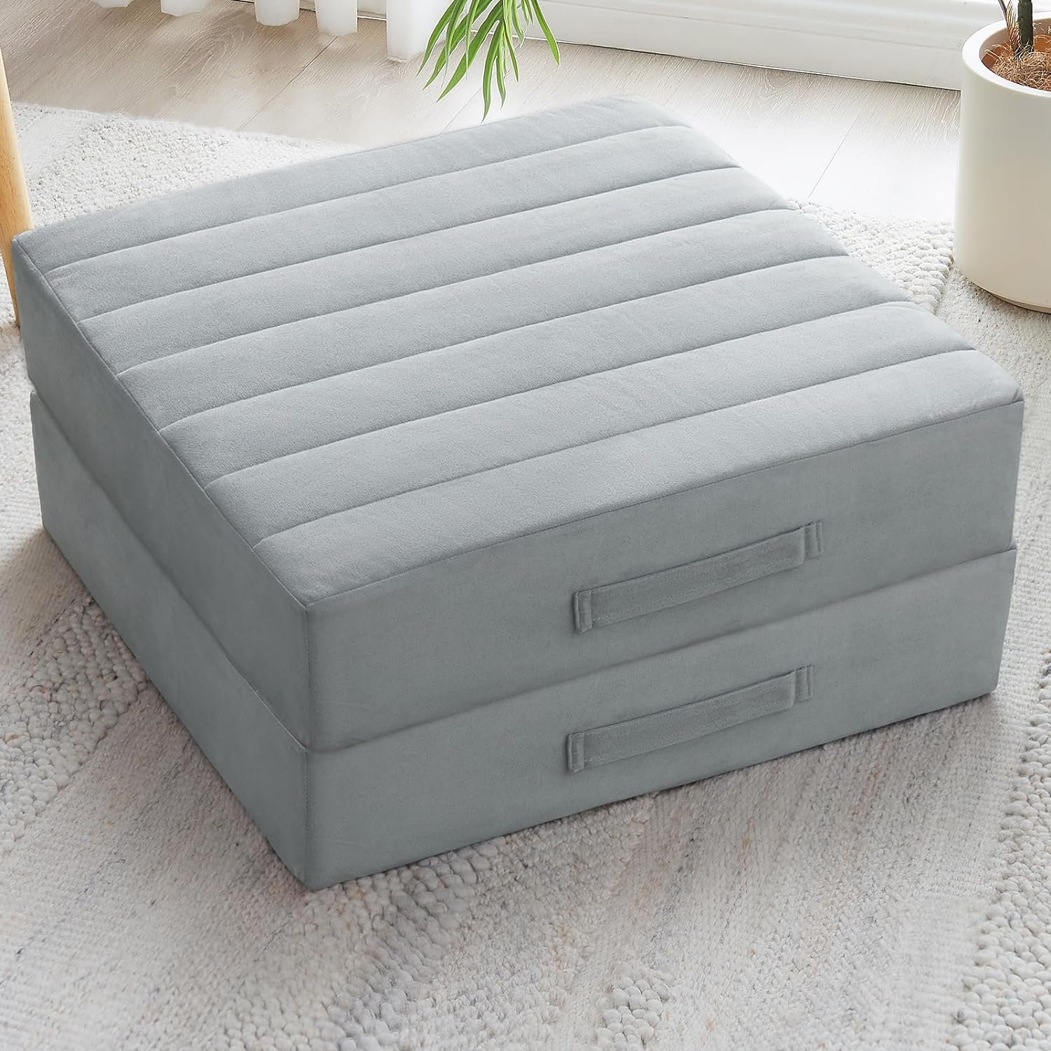 JKMAX 2 Pcs High Density Foam Floor Pillow – Upgraded Large Pillows Seating for Adults – Outdoor Floor Cushion with Soft Tufted Cover – Yoga Pillows for Sitting On Floor – 22 Inch Light Gray
