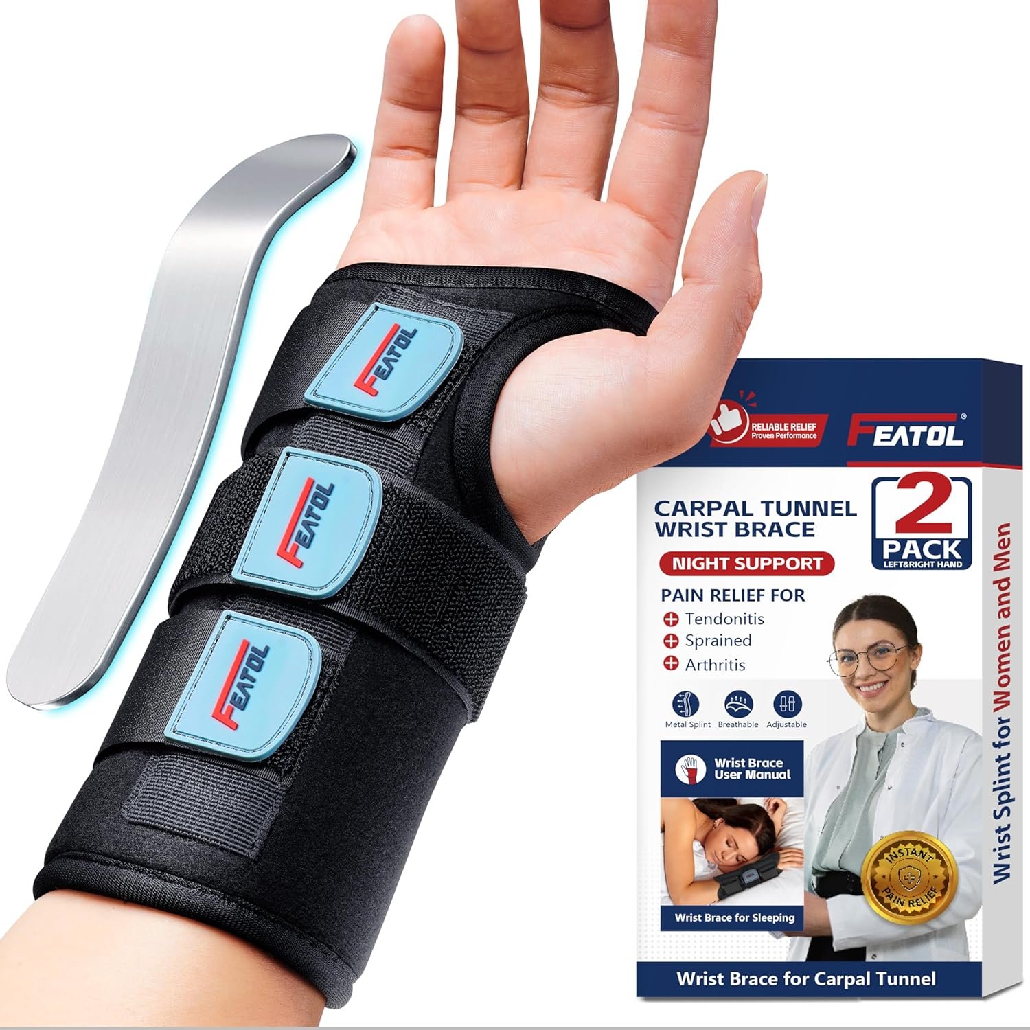 FEATOL Carpal Tunnel Wrist Brace Night Support 2 Pack – Wrist Splint for Pain Relief Tendonitis, Sprained, Arthritis – Metal Splint Stabilizer With Hand Brace -FOR Sleeping Women Men -Right&Left(M/L)