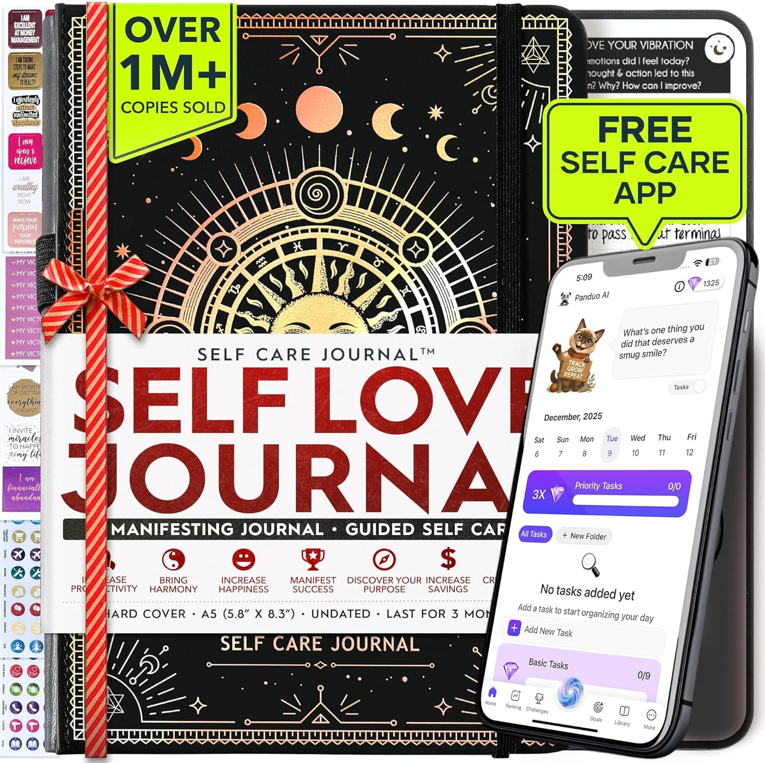 Self Love Journal – 5 Minute Self Care & Mental Health Journal | 90-Day Undated Daily Planner for Positivity, Affirmations & Gratitude | Guided Mindfulness, Reflection | Folded Vision Board + Stickers