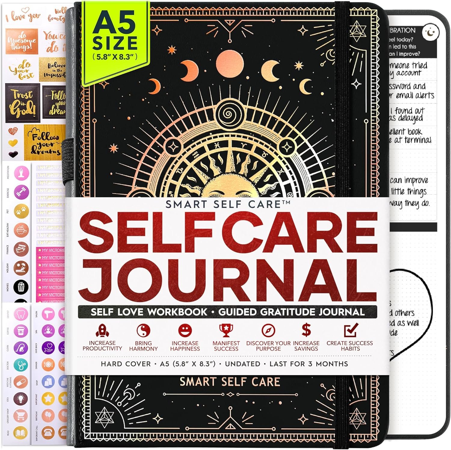 Self Care Journal – 5 Minute Mental Health & Manifestation Journal | 90-Day Undated Daily Planner for Positivity, Affirmations & Gratitude | Guided Mindfulness, Reflection | Vision Board + Stickers